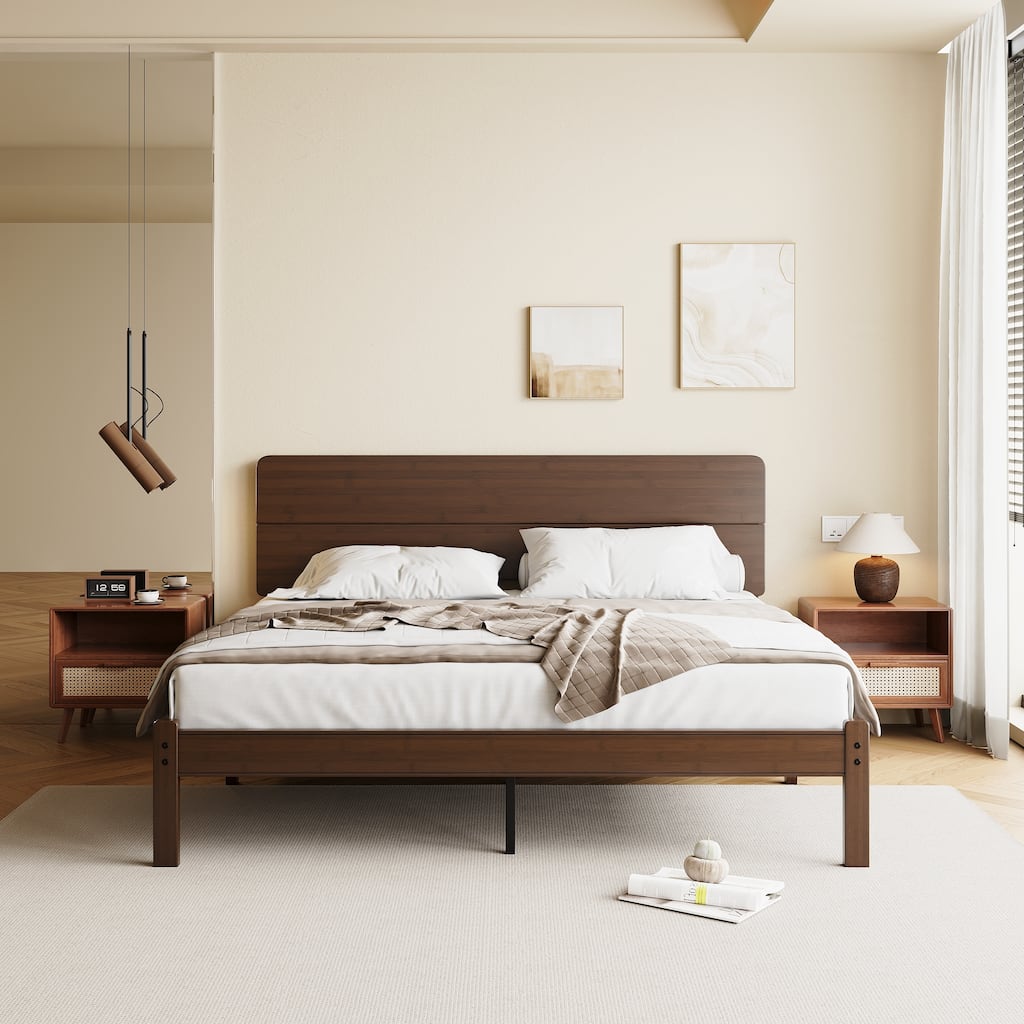 Walnut-colored solid wood and bamboo bed frame with headboard, easy to assemble, no box springs required