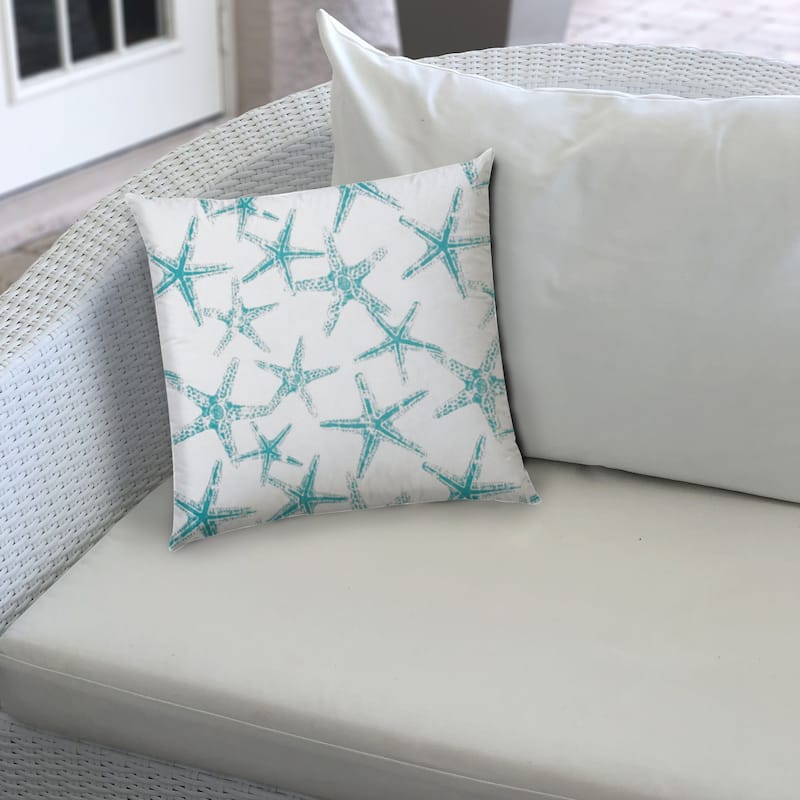 HomeRoots 14" X 20" Turquoise And White Starfish Blown Seam Nautical Lumbar Indoor Outdoor Pillow - 14