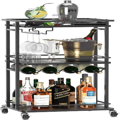 Rolling Mini Liquor Bar Cabinet with Wine Rack and Glass Holder - 12.6"D x 16.5"W x 35.43"H