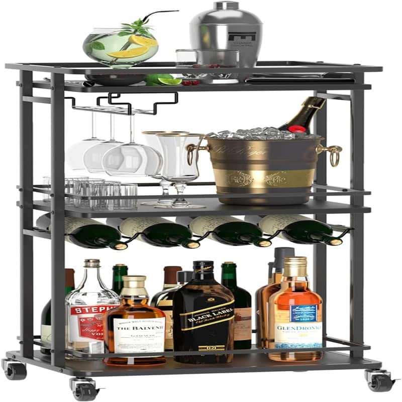 Rolling Mini Liquor Bar Cabinet with Wine Rack and Glass Holder - 12.6"D x 16.5"W x 35.43"H