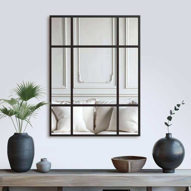Iron Metal Frame Rectangular Windowpane Wall Mirror Farmhouse Rustic Elegant Decor for Living Room Bedroom Bathroom Entryway - 39" x 30" - Black Rectangular