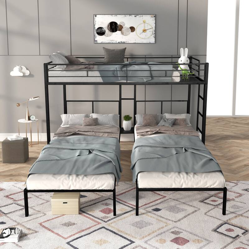 Twin size Steel L-Shaped Triple Bunk Bed with Wooden Slats, Built-in Side Table and 400LB Weight Capacity - Black