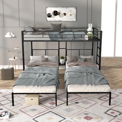 Twin size Steel L-Shaped Triple Bunk Bed with Wooden Slats, Built-in Side Table and 400LB Weight Capacity