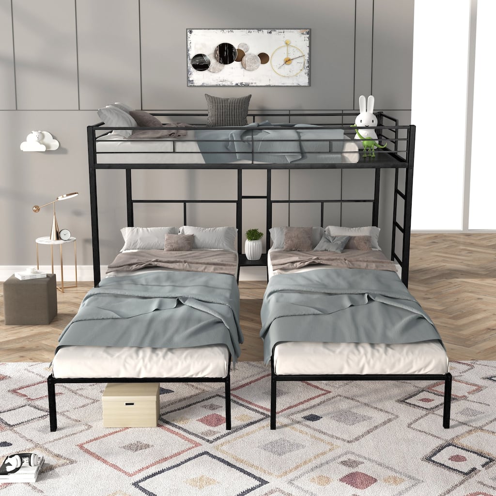 Twin size Steel L-Shaped Triple Bunk Bed with Wooden Slats, Built-in Side Table and 400LB Weight Capacity