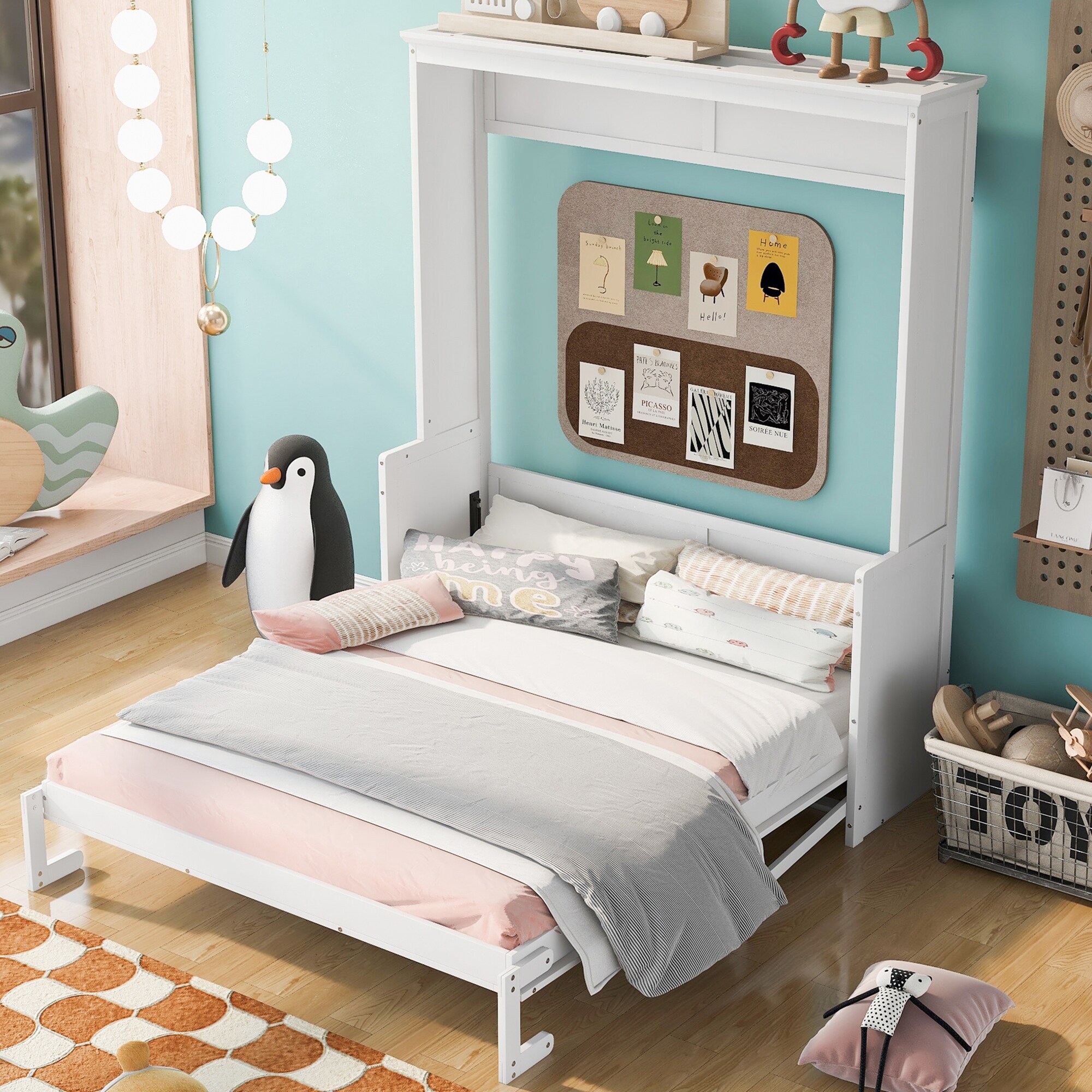 White Murphy Bed Queen Size Bed Frame Foldable Wall Cabinet with Desk