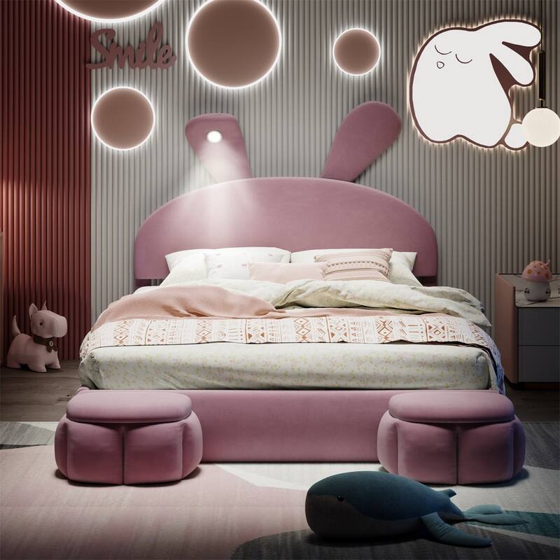 Twin/Full Size Upholstered Platform Bed with Cartoon Ears Shaped Headboard & Light, Cute Kids Bed Frame w/2 Small Storage Stools