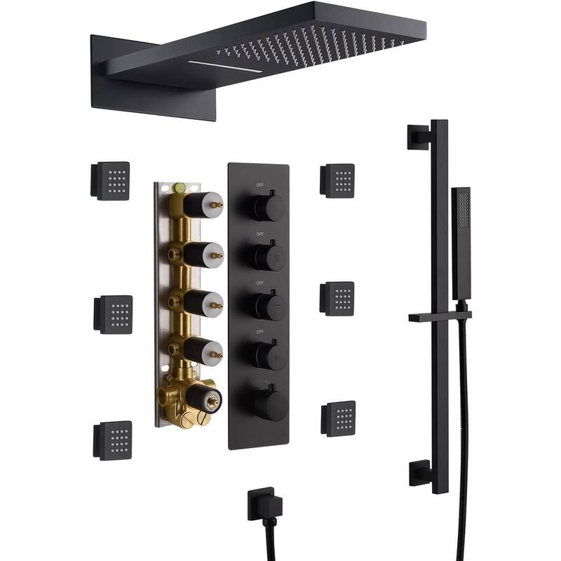 Matte Black 22" Rainfall Waterfall Thermostatic Shower Faucet System w/ Jets, Sprayer, Slide Bar - Matte Black