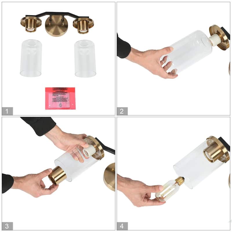 Modern Farmhouse 2-Light Black Gold Bathroom Vanity Light Dimmable Wall Sconces with Cylinder Glass - 14'' L x 5.5'' W x 9.5'' H