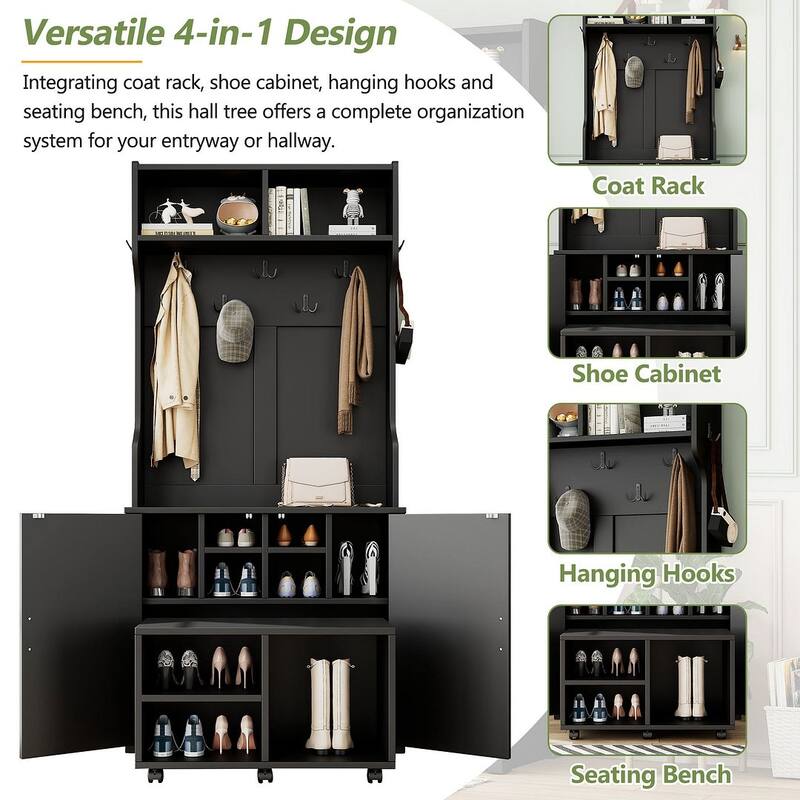 Versatile Hall Tree With Bench Shoe Storage Black Hooks