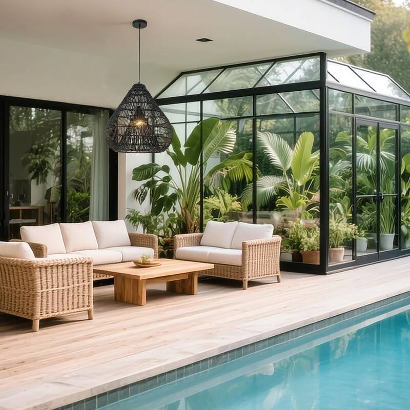 Serina 1-Light Wicker Outdoor Pendant Light, Coastal Boho Dome - Handwoven