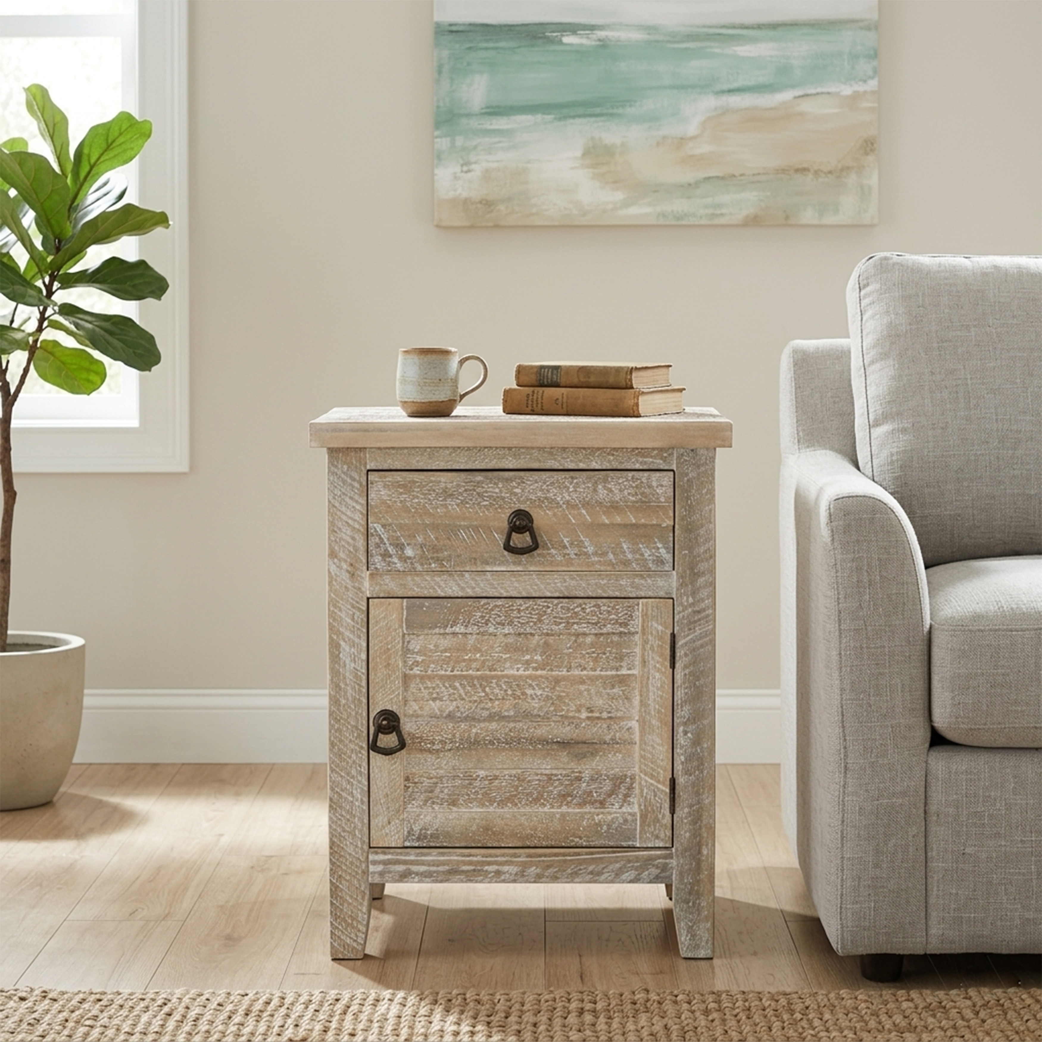 FULLY ASSEMBLED - Antique Solid Acacia Wood Nightstand (25