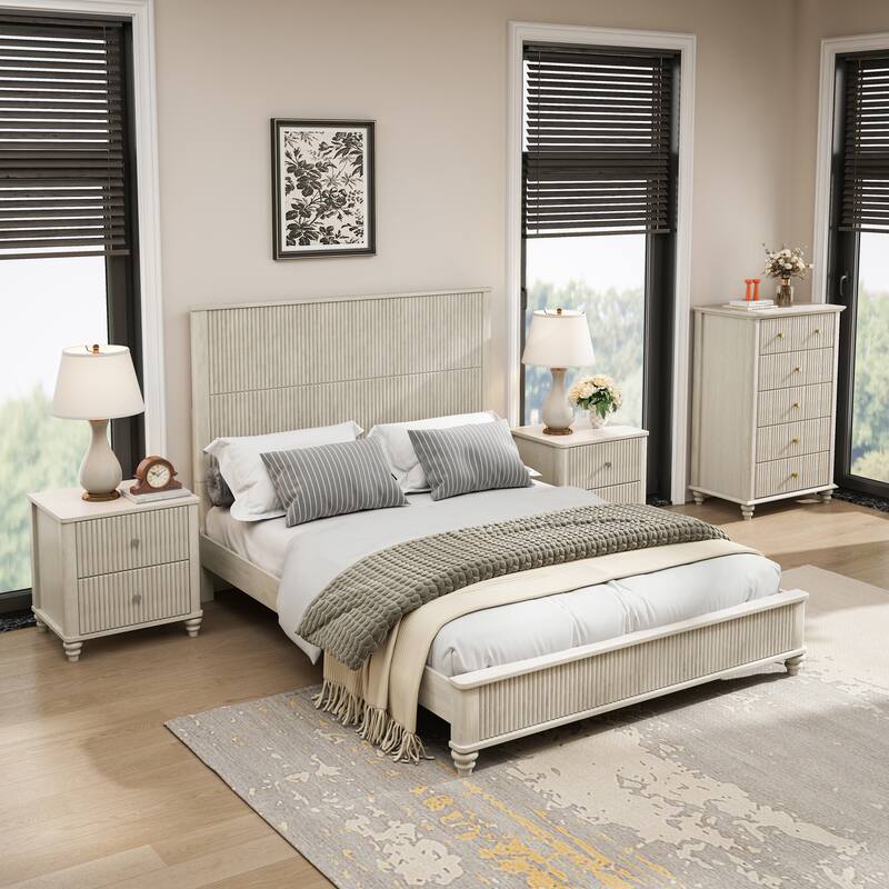 Bedroom Set with Wooden Platform Bed and Nightstands - Beige(1 Bed+1 Dresser+2 Nightstands) - Queen - 4 Piece