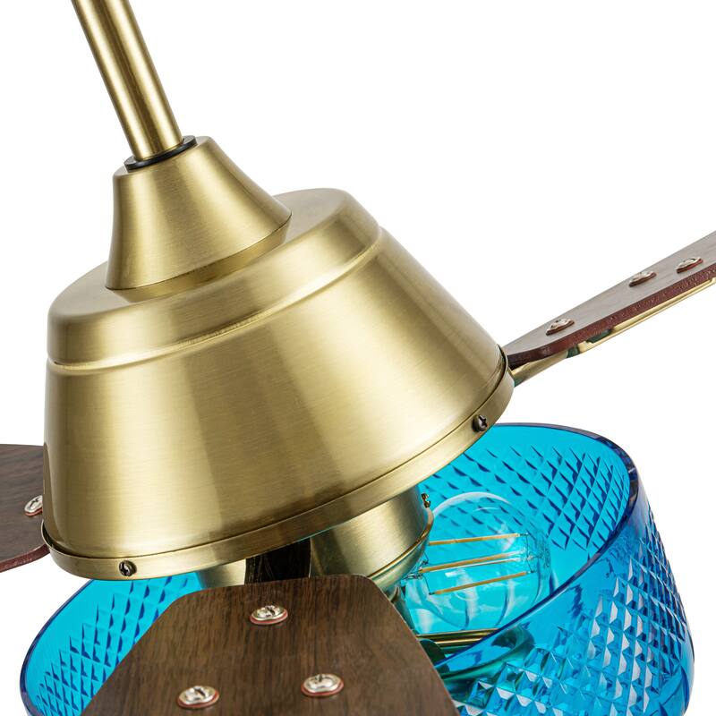 Maeve River of Goods 3-blade 42-inch Glam Indoor Ceiling Fan with Blue Hand-Cut Glass Shade and Remote Control