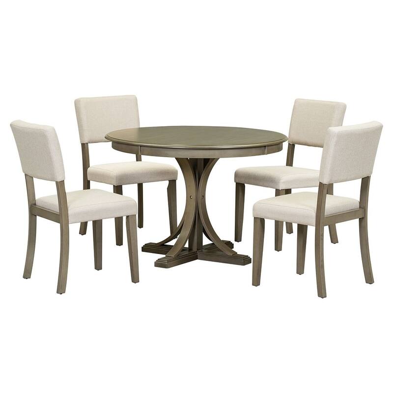 5 PCS Retro Round Dining Table Set for 4 with 4 Upholstered Chairs