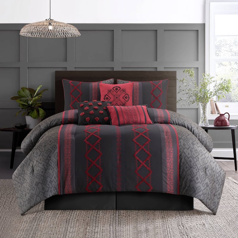 Nanshing Trina Embroidered 7-Piece Comforter Set - Black Red - King