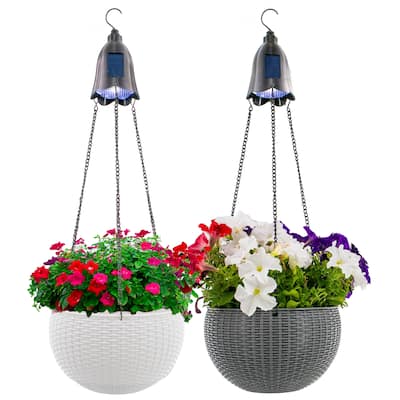 Solar Hanging Planter w/ LED Light Self-Watering Outdoor Flower Basket Hanger