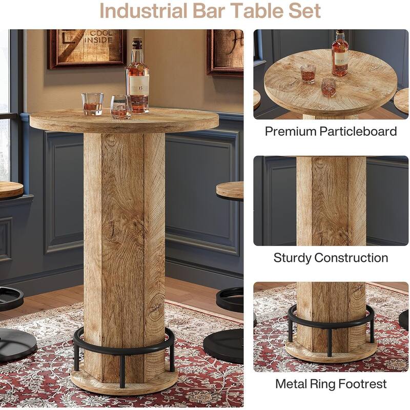 Round Bar Table Set, Farmhouse Home Bar with 2 barstools, Pub Cocktail Table with Metal Ring Footrest