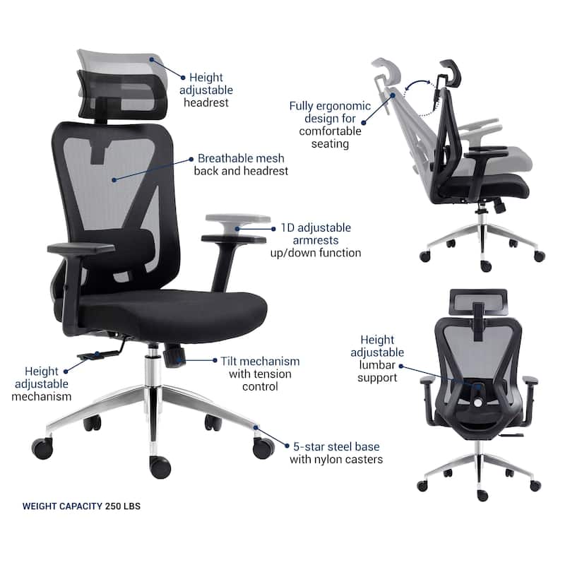 Ergonomic Mesh Office Chair with Headrest And Lumbar Support - N/A