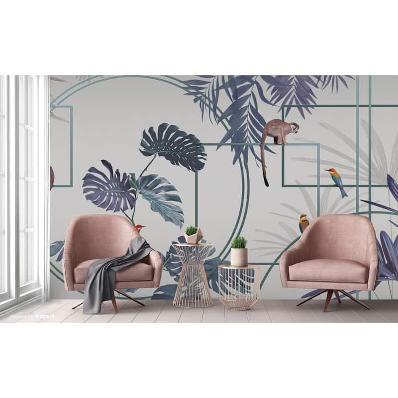 Modern Tropical Jungle Wallpaper Mural with Monkeys and Exotic Birds