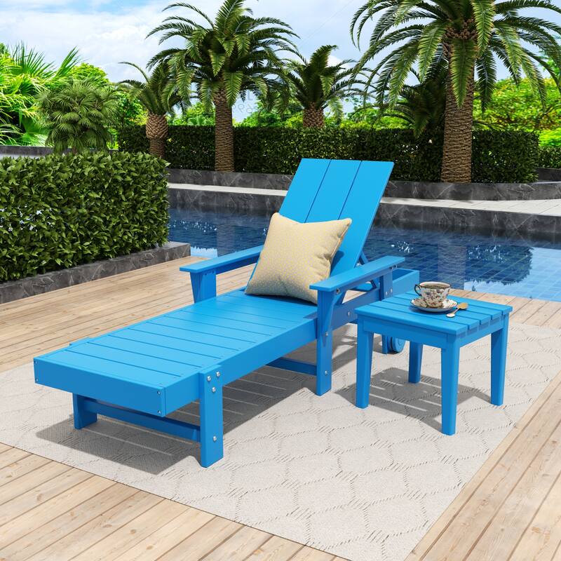 Polytrends Shoreside Modern Poly Eco-Friendly All Weather Reclining Chaise Lounge With Arms, Wheels, & Side Table (2-Piece Set) - Pacific Blue