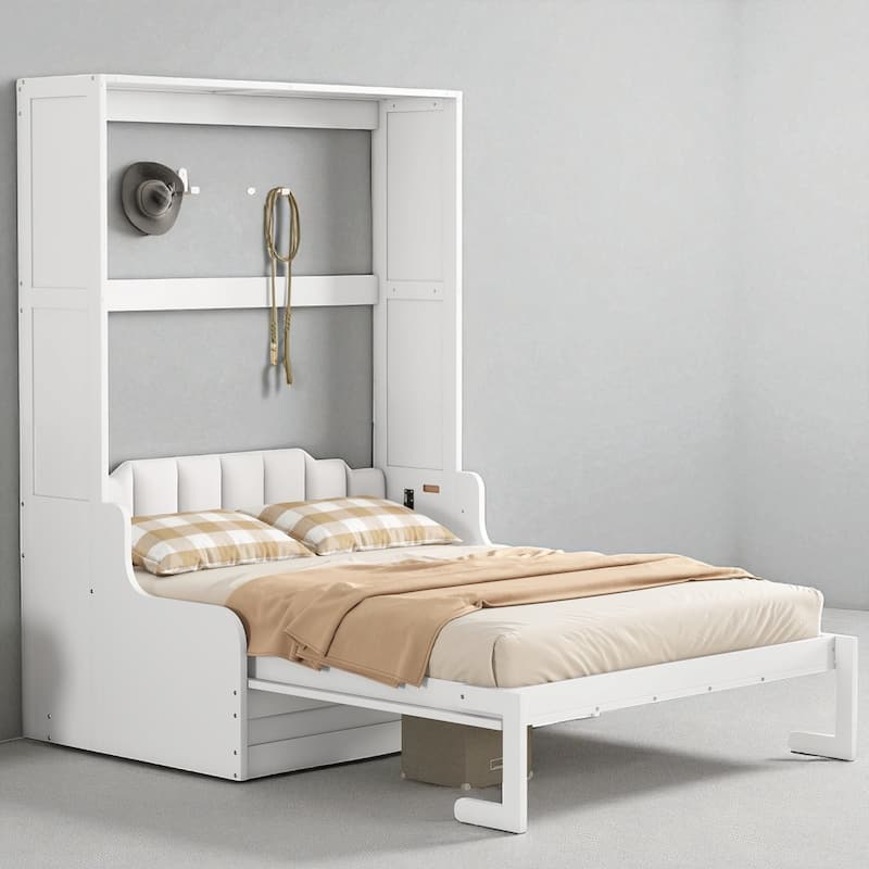 Queen Size Murphy Wall Bed with Folding Cushion Chair, Space-Saving Cabinet Bed for Guest Room or Home Office