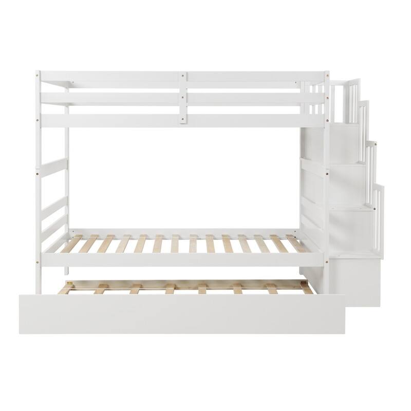 Twin over Twin Wooden Bunk Beds With Twin Trundle and Stairway Storage Function