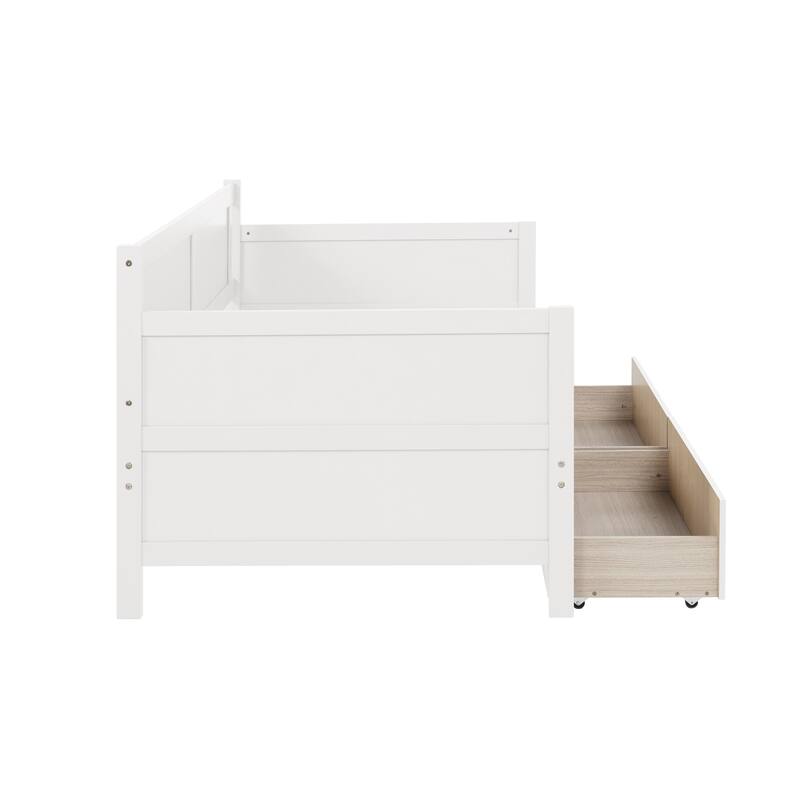 Twin Size White Pine Wood Daybed with 2 Storage Drawers, Convertible Sofa Bed for Bedroom or Living Room