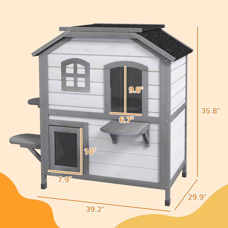 PawHut Fir Wood 2-Story Outdoor Cat House, Wooden Feral Cat Shelter with Openable Asphalt Roof for Indoor/Outdoor, White / Grey