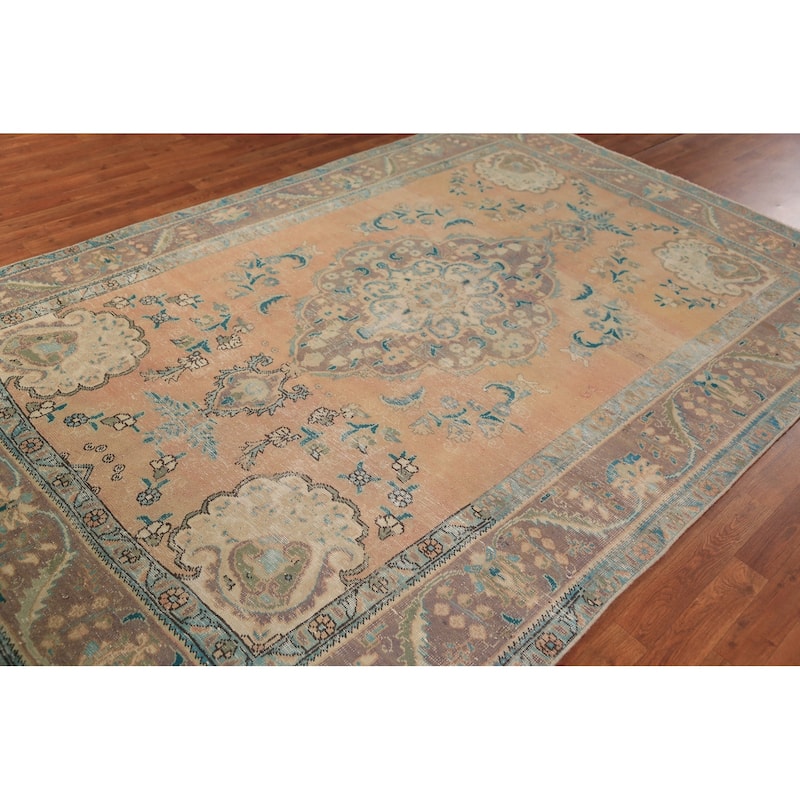 Handmade Orange Tabriz Persian Vintage Wool Carpet - 6'4" x 9'9"