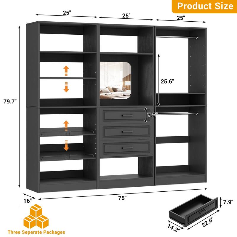 Cimly Set of 3 Freestanding Closet System with Drawers, Adjustable Closet Organizer with Hanging Rods and Shoe Racks