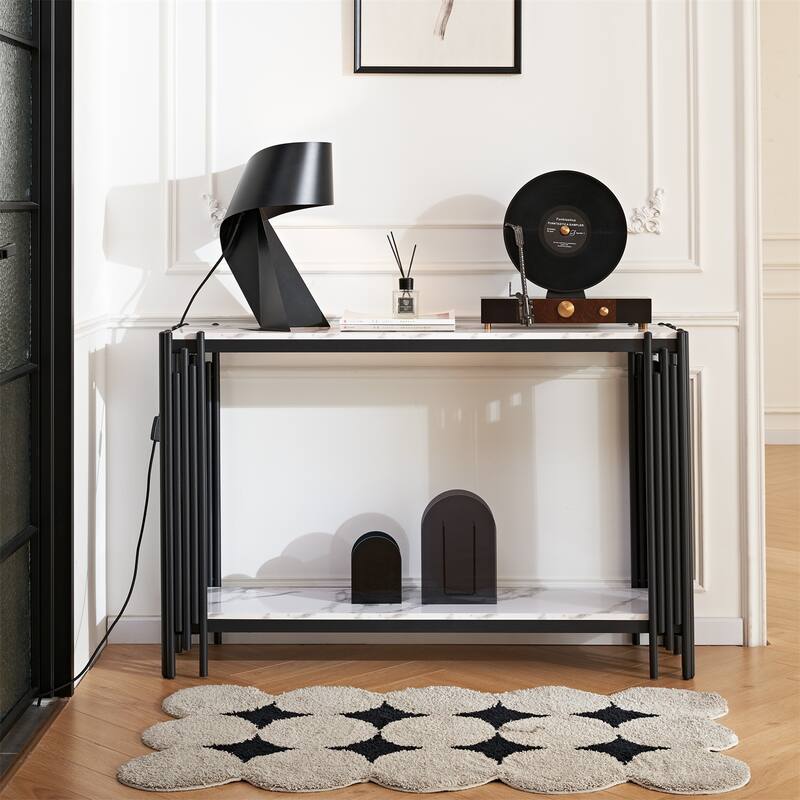2 Tier Faux Marbling Console Table, Entryway Table w/ Adjustable Feet