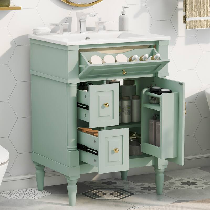 Roomfitters 24" Bathroom Vanity with Sink, Solid Wood Frame, Flip Drawer, 2 Drawers & Door Rack