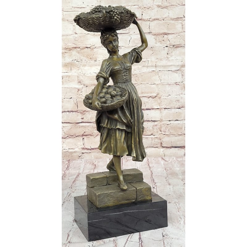 Girl Carrying Basket Of Fruit - Hot Cast Bronze Original Sculpture On Marble Base