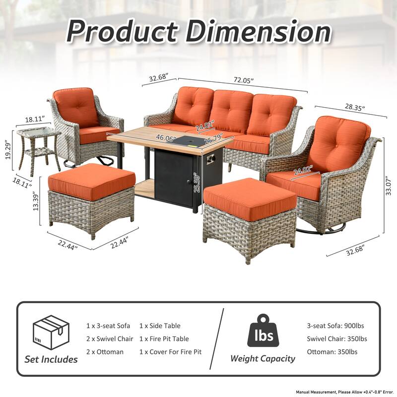 OVIOS 7 Pieces Outdoor Wicker Curved Swivel Chair Set With Fire Table