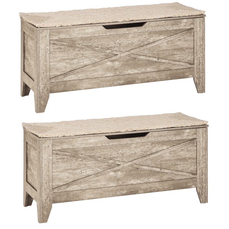 VECELO Storage Bench, Wooden Chest for Storage with Wicker Mat Safety Hinges Entryway Shoe Bench Storage Trunk(Set of 2)