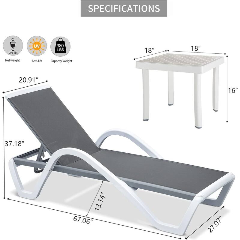 All Weather Outdoor Adjustable Chaise Lounge Set with Wheels and Side Table for Lawn Poolside Beach