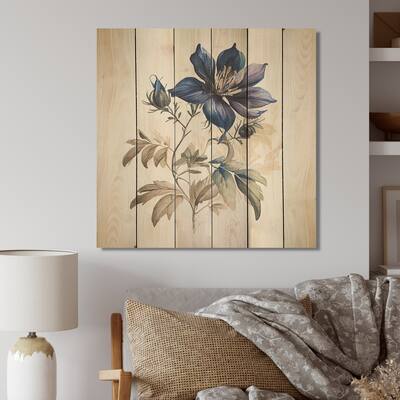 Designart 'Blue Vintage Flower Blooming I' Floral Wood Wall Art - Natural Pine Wood