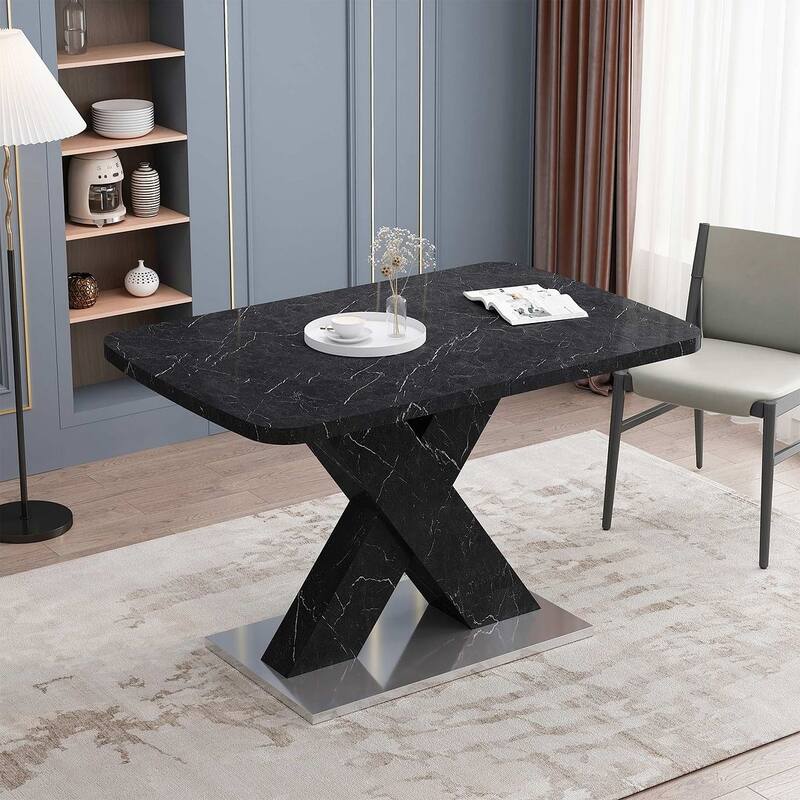 62.99" Faux Marble Rectangular Extendable Dining Table with X-Legs and Metal Base