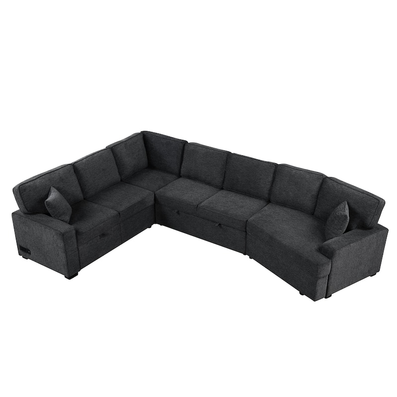 Modern 126" L-Shaped Sofa with Sleeper Bed, Cup Holders, and Power Outlets
