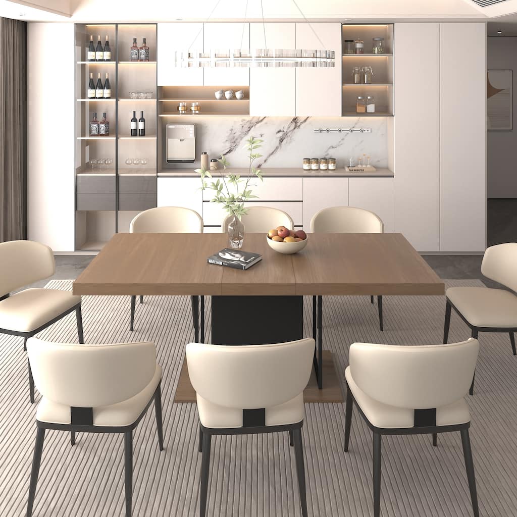 Extendable Dining Table, Wood Kitchen Table for 6-10 People, Large Home Office Table with Thick Top & Wide Feet