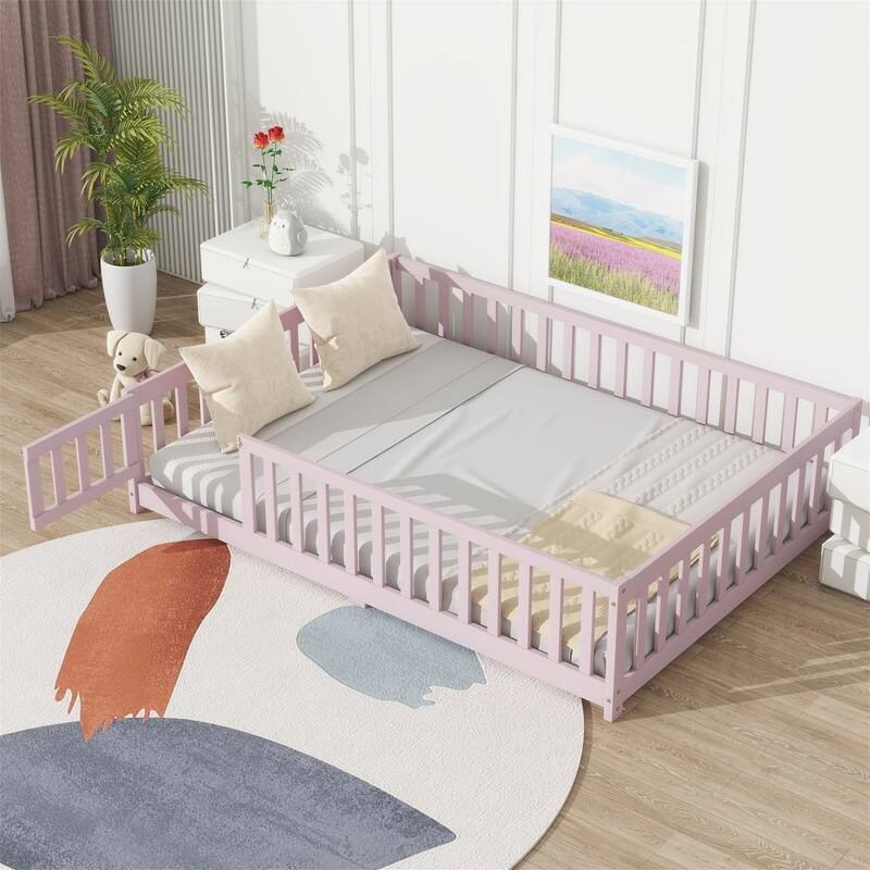 Twin/Full/Queen Size Floor Bed with Fence Guardrails and Door, Rubber Wood Toddler Bed Montessori Bed with Slats Support