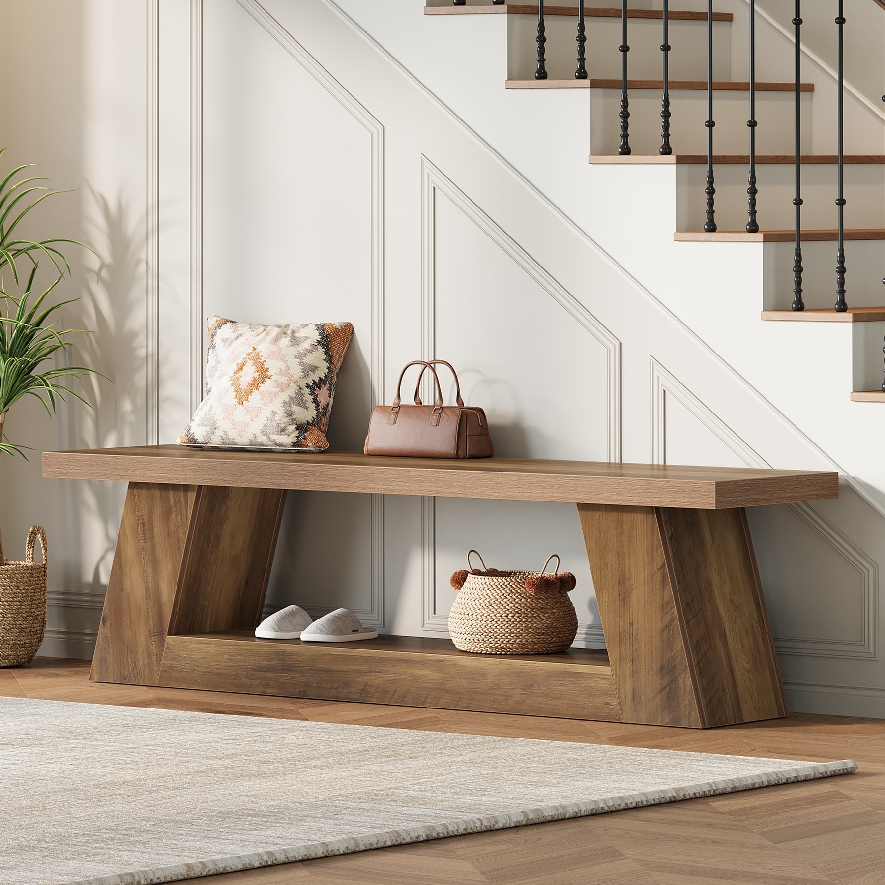 63" Extra Long Wooden Entryway Bench, 2-Tier Storage Shelf Hallway Seating Bench for Living Room, Bedroom, Kitchen