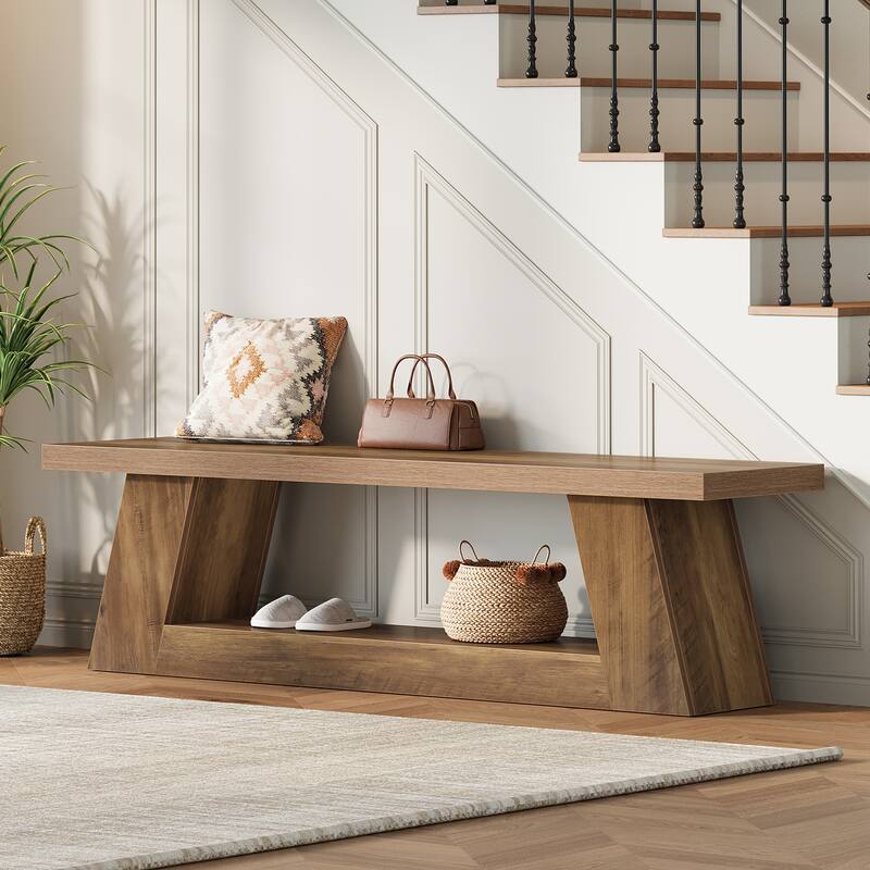 63" Extra Long Wooden Entryway Bench, 2-Tier Storage Shelf Hallway Seating Bench for Living Room, Bedroom, Kitchen - Brown