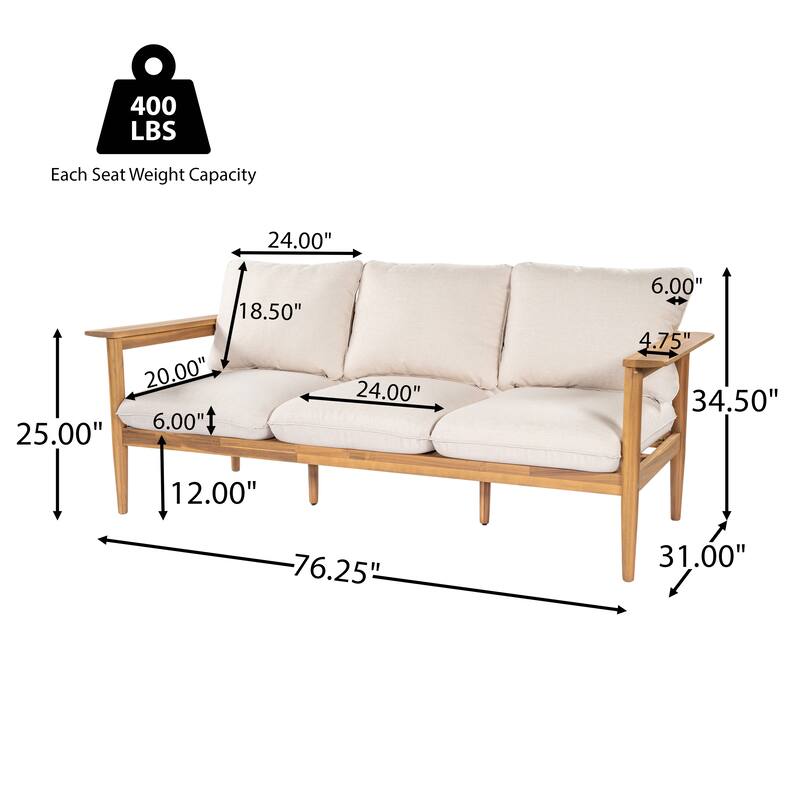 Christopher Knight Home - Terassi Outdoor Acacia Wood 3-Seater Sofa with Wide Armrest & Backrest Support Cushion - 76.25"W