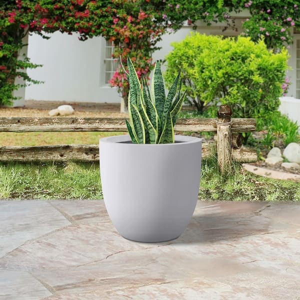 Plantara 13 in. D Round Solid White Concrete Modern Planter, Outdoor Flower pot with Drainage Hole, plug for Garden