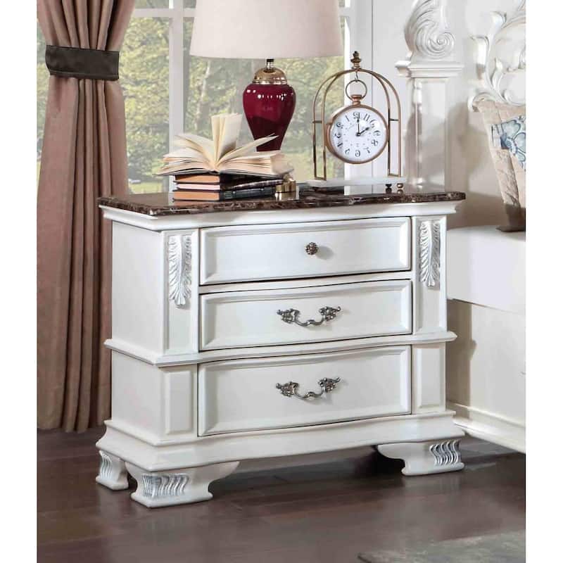 Traditional Nightstand - Pearl White Finish with Marble Top