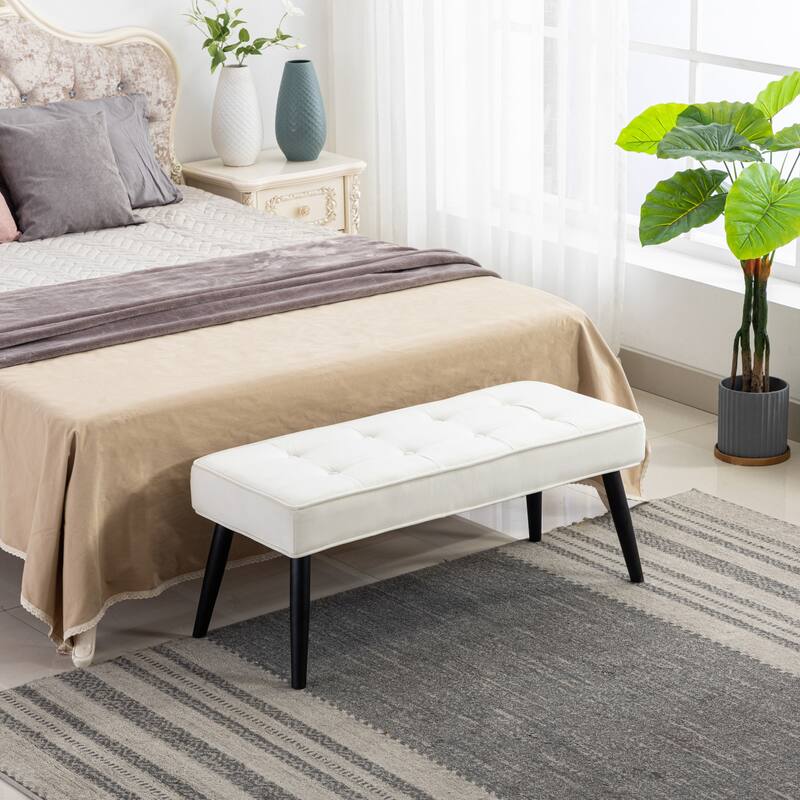 Kipp Velvet Upholstered Button Tufted Bench Ottoman - Ivory