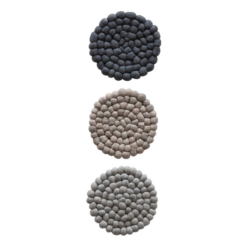 Handmade Wool Felt Ball Trivet, Set of 3 - 7.5"L x 7.5"W x 1.0"H