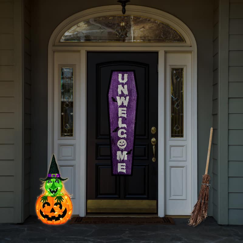 National Tree Company Halloween Pre Lit Lighted Sign, Orange, Pumpkin and Witch, LED Lights, Battery Operated, 28 Inches
