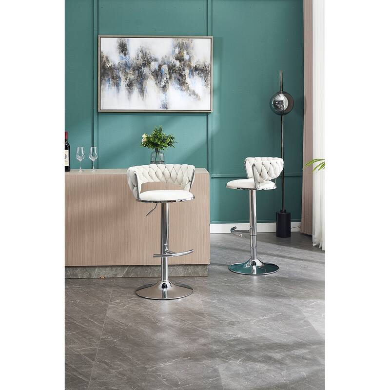 Set of 2 Bar Stools, with Chrome Footrest and Base, Swivel, Height Adjustable Mechanical Lifting, Velvet Upholstered